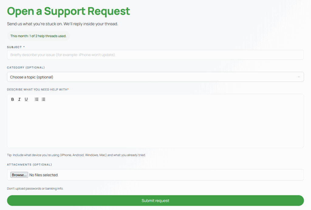 Waylora support request form for getting help with tech problems