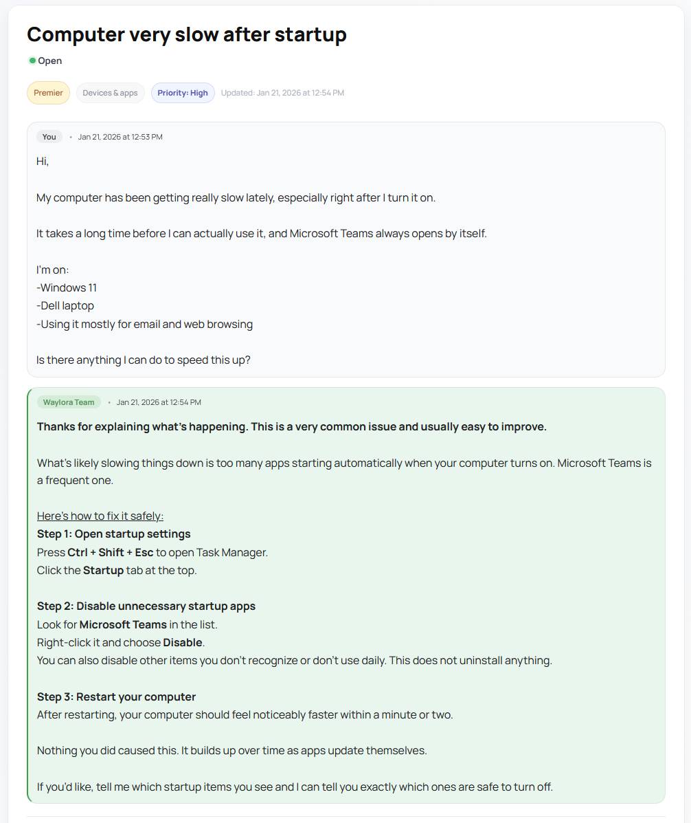 Example Waylora support thread showing a real question and step-by-step answer