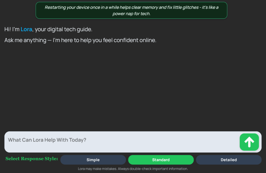 Waylora AI chat interface with response style options