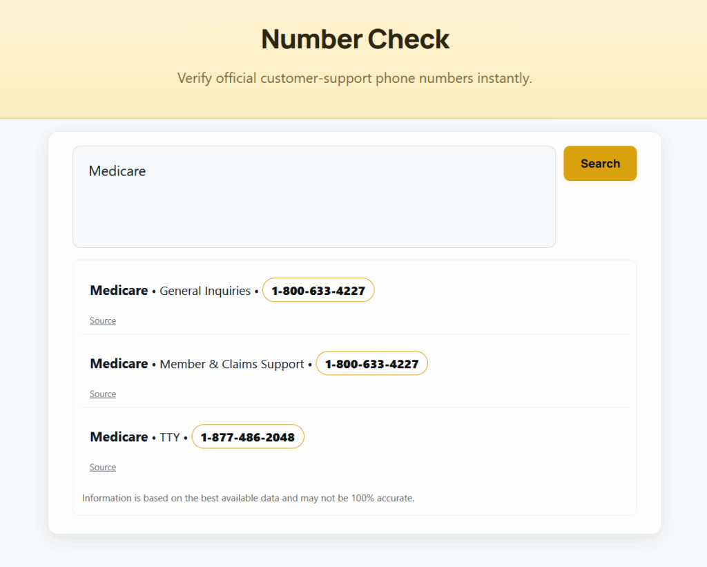 Waylora Number Check page displaying verified company phone numbers with categories, sources, and safe contact options