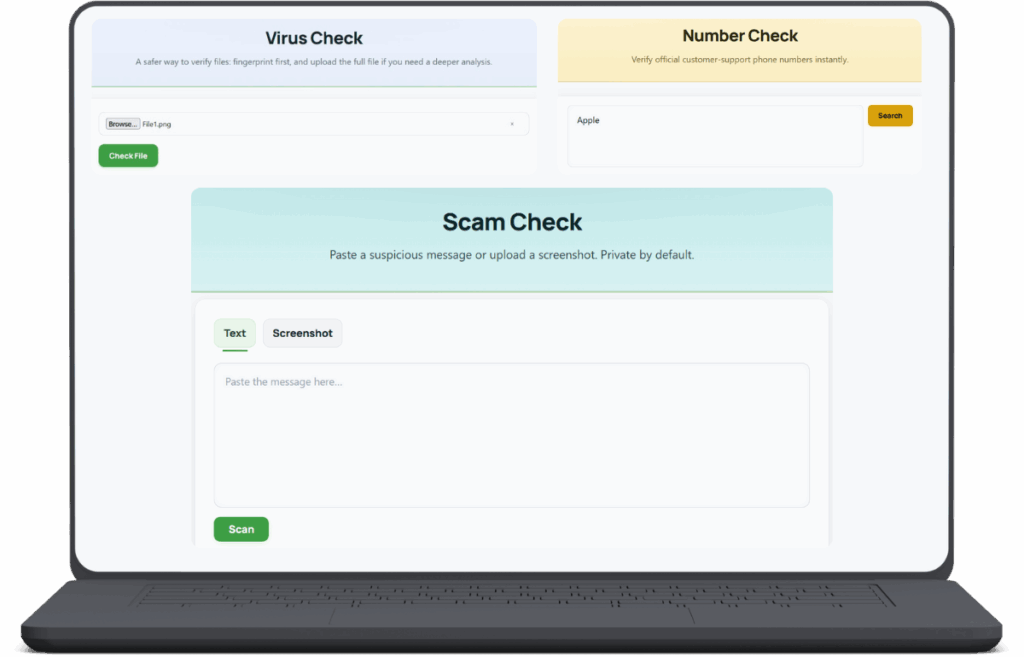 Waylora Safety Suite showing Scam Check, Virus Check, and Number Check tools