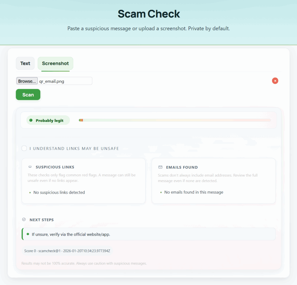 Waylora Scam Check tool showing a scanned message with safety results