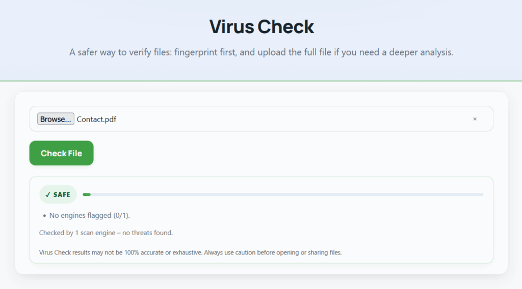 Waylora Virus Check tool showing a scanned file with a safe result
