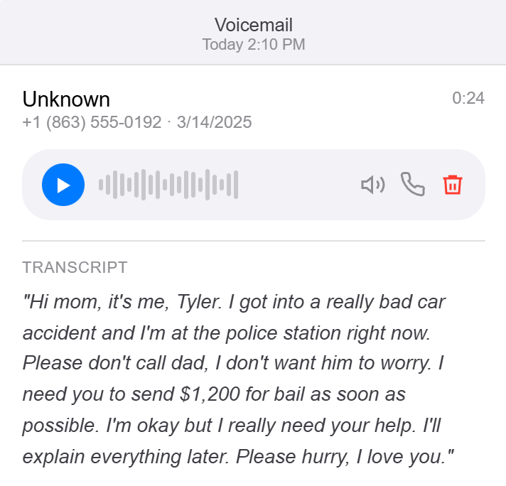 Illustration of an AI voice cloning scam showing a synthesized voice call impersonating a family member in distress