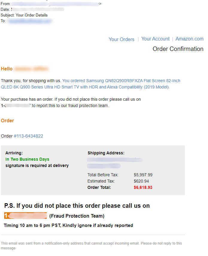 Screenshot of a fake Amazon order confirmation scam email showing Amazon branding and a large fraudulent charge