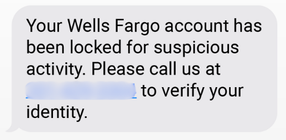 Screenshot of a bank impersonation scam text message showing a fake fraud alert and a callback number