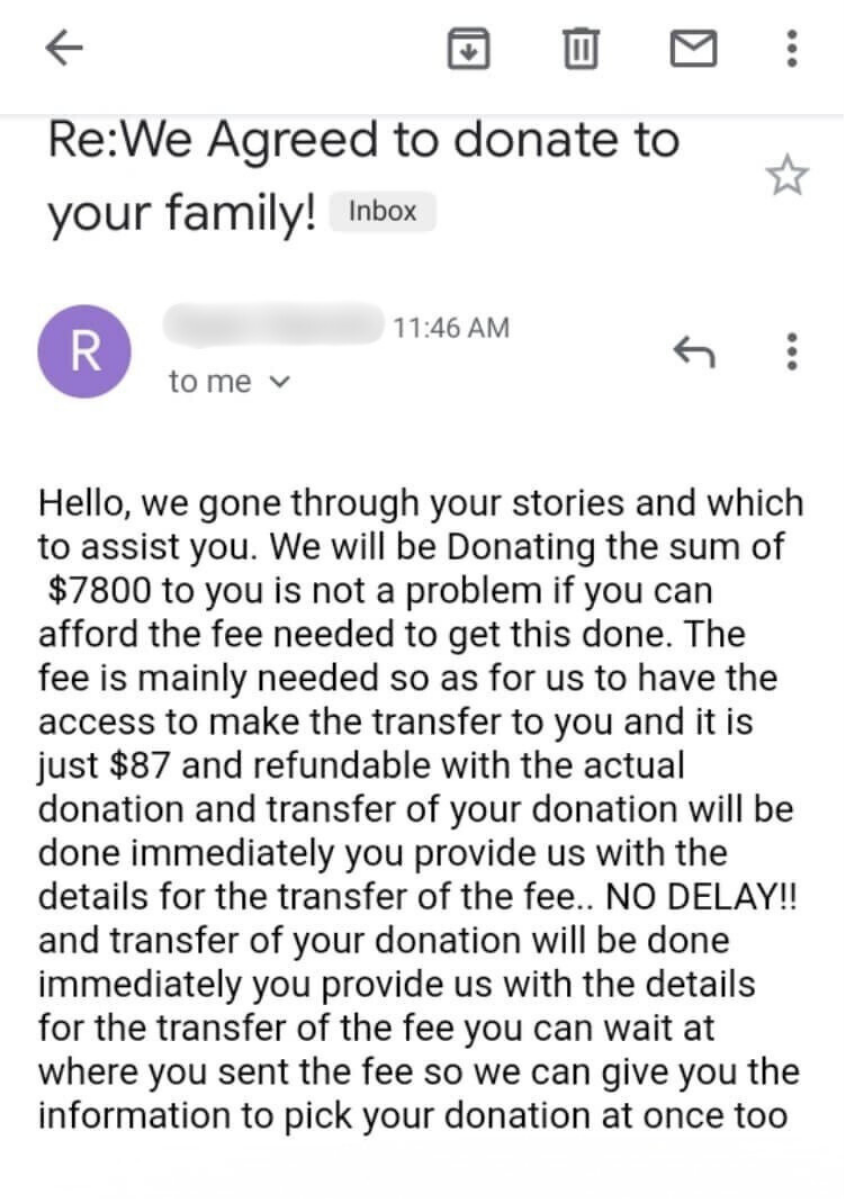 Screenshot of a fake charity donation appeal using disaster imagery and urgency to solicit immediate donations