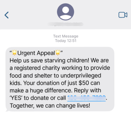 Illustration of a charity scam showing a fake donation request impersonating a real relief organization after a disaster