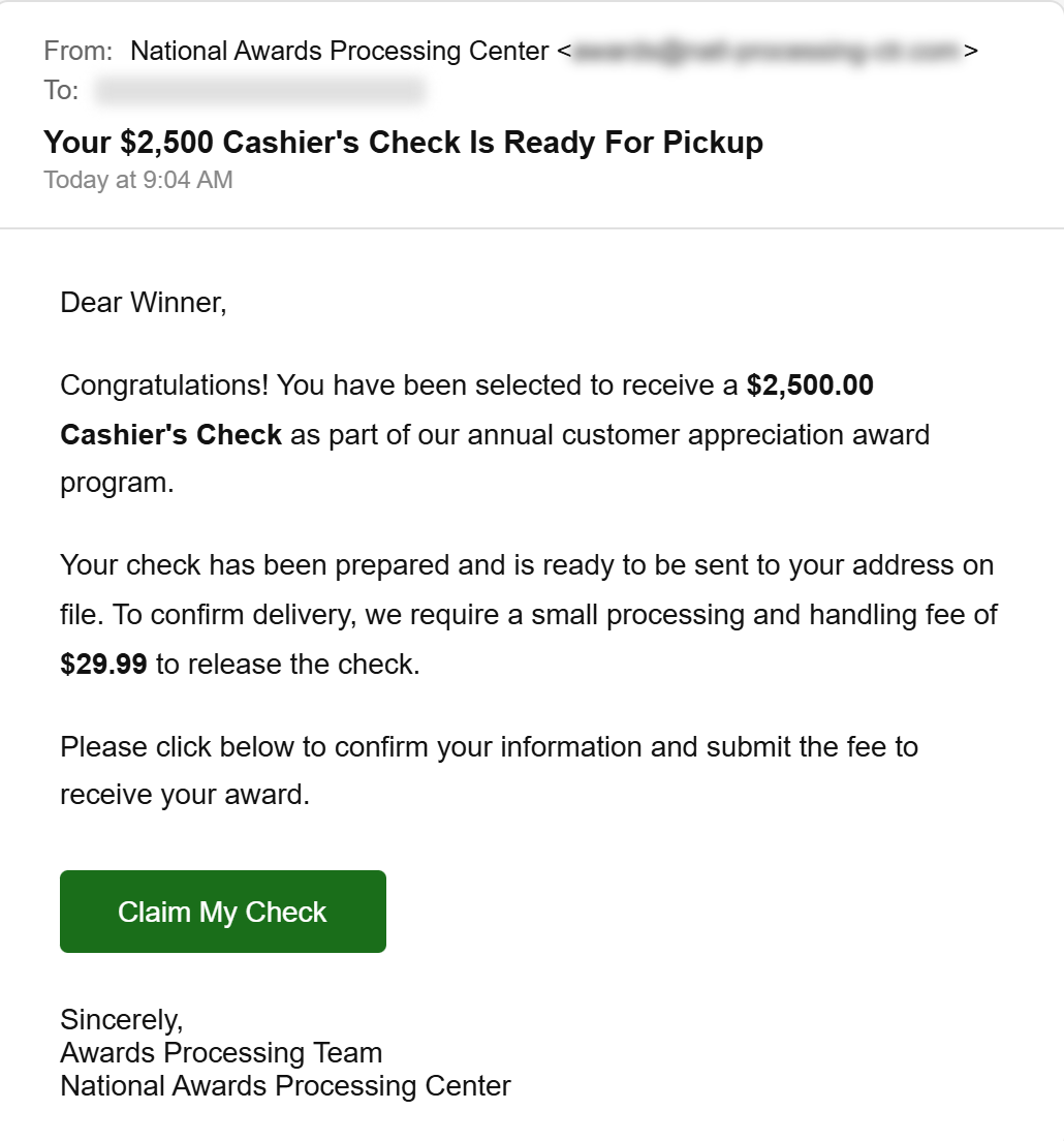 Screenshot of a fake check scam letter with instructions to deposit the check and wire back a portion of the funds