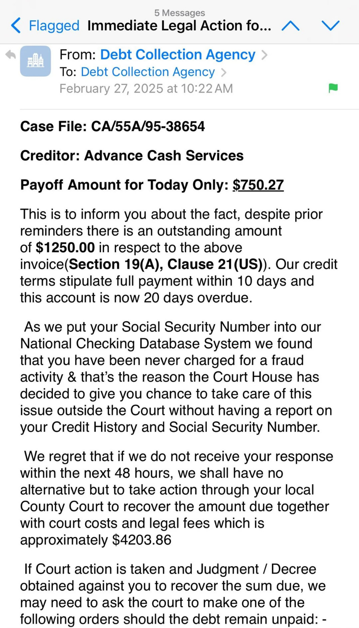 Illustration of a debt collection scam showing a threatening call claiming legal action for a debt the recipient doesn't recognize