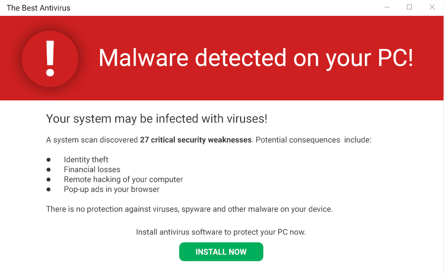 Screenshot of a fake antivirus scan result showing fabricated virus detections and a purchase prompt to remove them