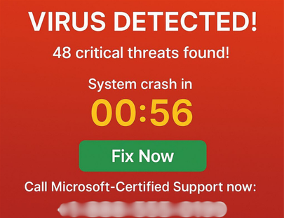 Illustration of a fake antivirus scam showing a fraudulent security alert claiming multiple viruses have been detected on the user's computer