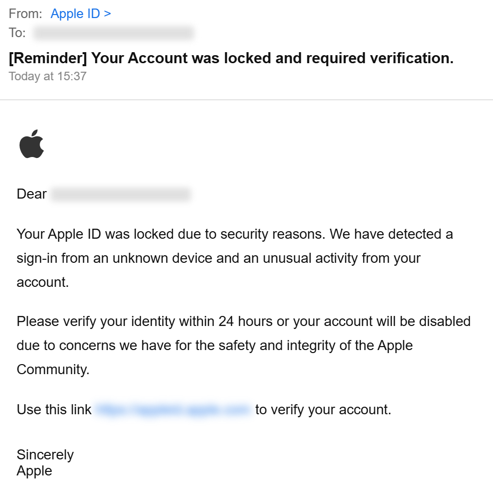 Screenshot of a fake Apple Support scam message showing Apple branding and an urgent account warning