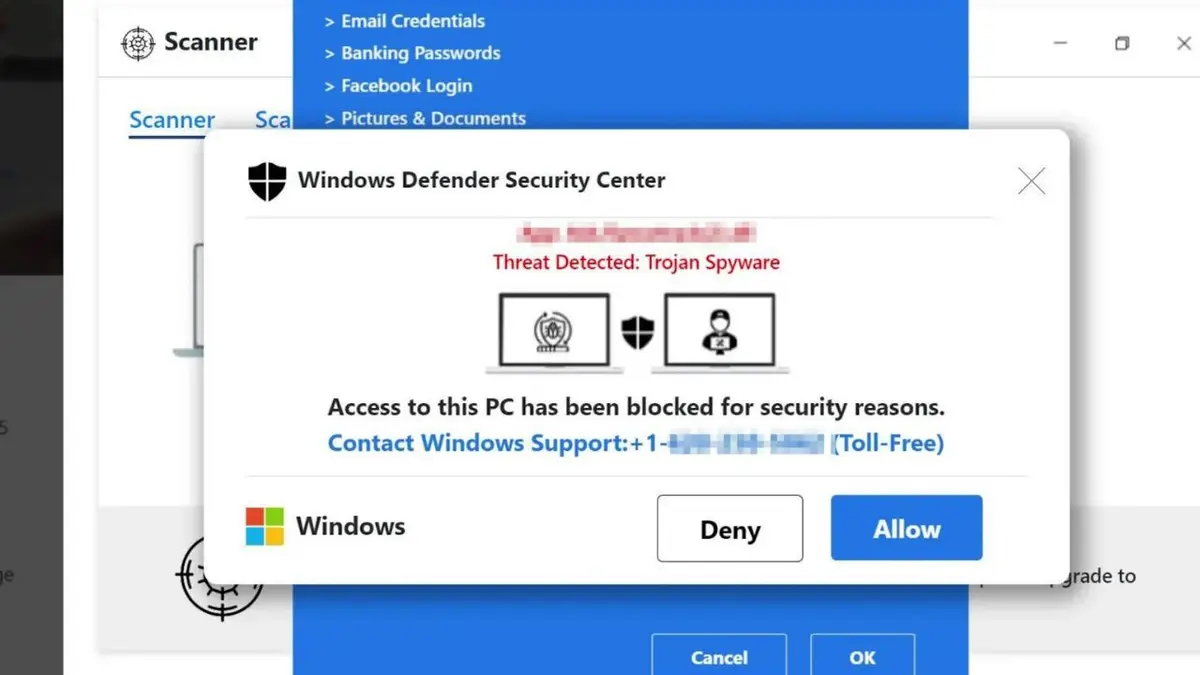 Example of a fake Microsoft Windows security alert scam pop-up