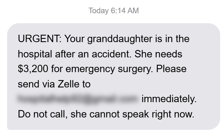 Example of a grandparent scam call script showing urgency tactics and requests for gift card payments