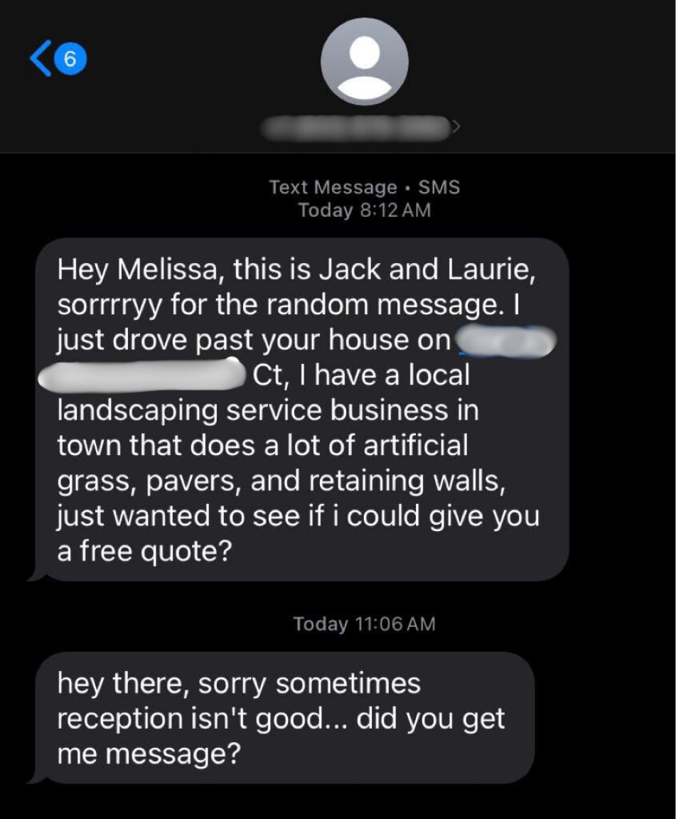 Illustration of a home repair scam showing a door-to-door contractor collecting a large upfront payment and then disappearing without completing the work