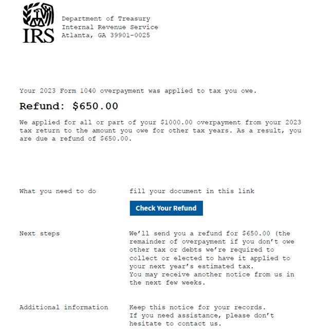 Screenshot of a real IRS tax scam message showing fake government branding and a demand for immediate payment