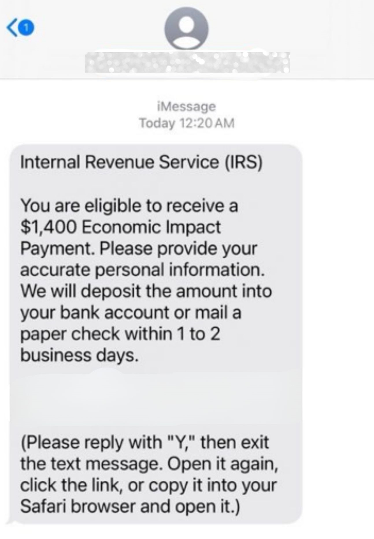 Example of an IRS tax scam message or phone call