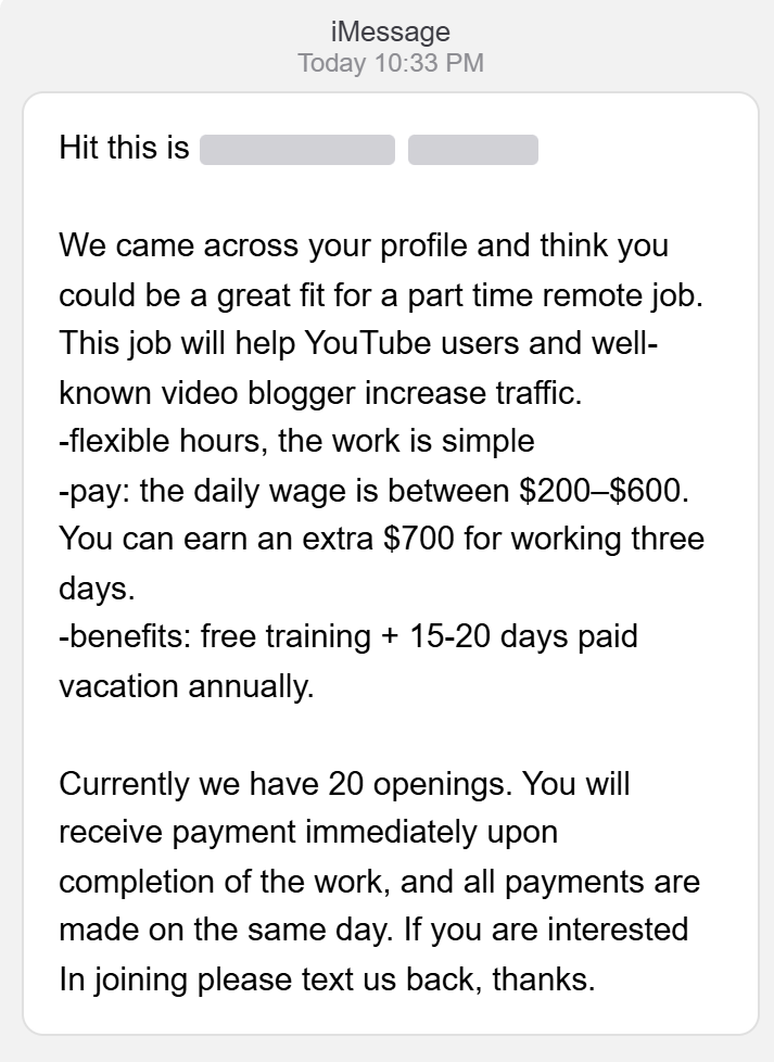 Screenshot of a fake job offer email with a professional offer letter and request for personal information and upfront payment