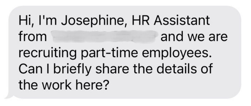 Illustration of a job offer scam showing a fake remote work posting that leads to identity theft and money mule activity