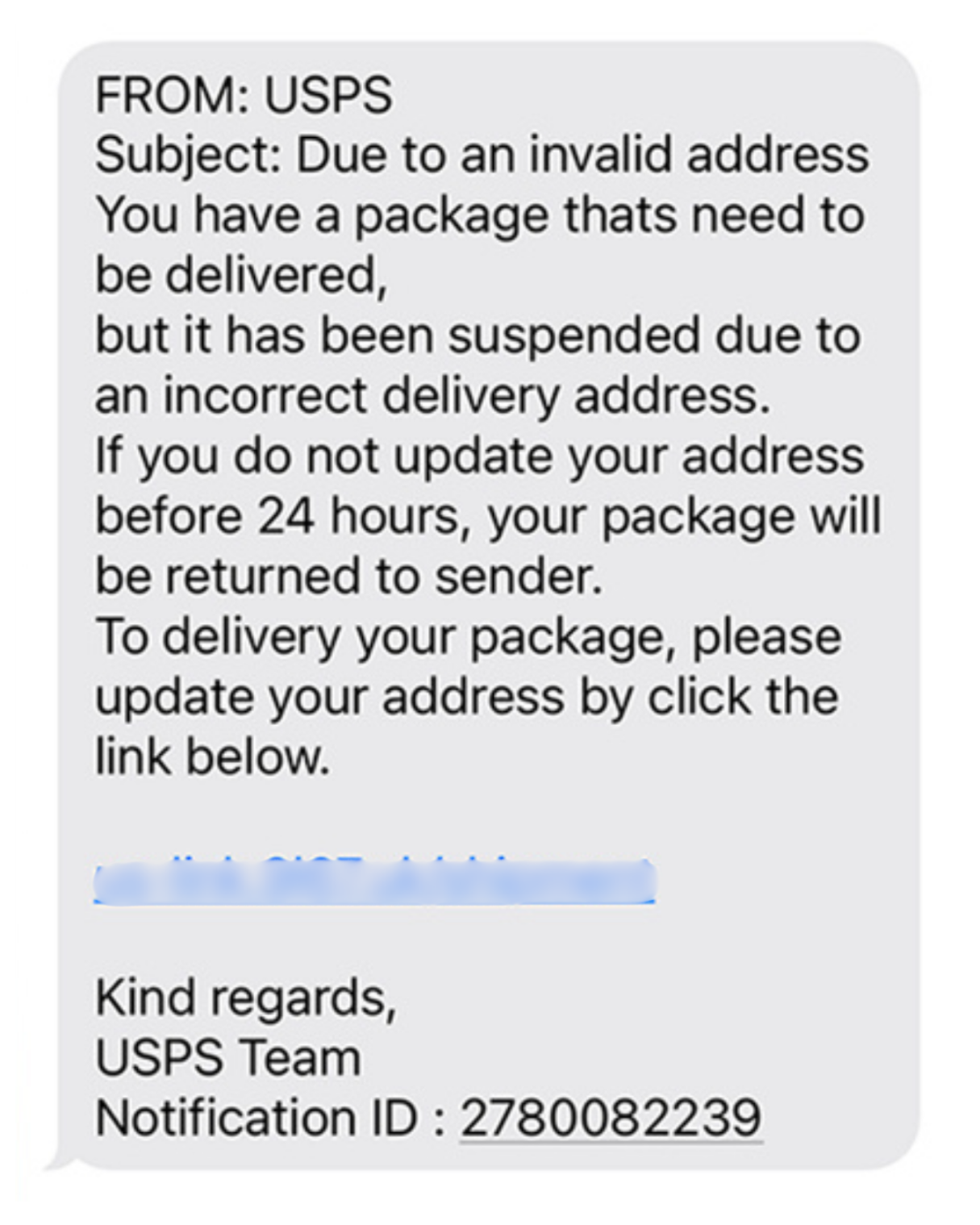 Screenshot of a fake USPS text message claiming a package is held and requesting payment of a small fee via a suspicious link