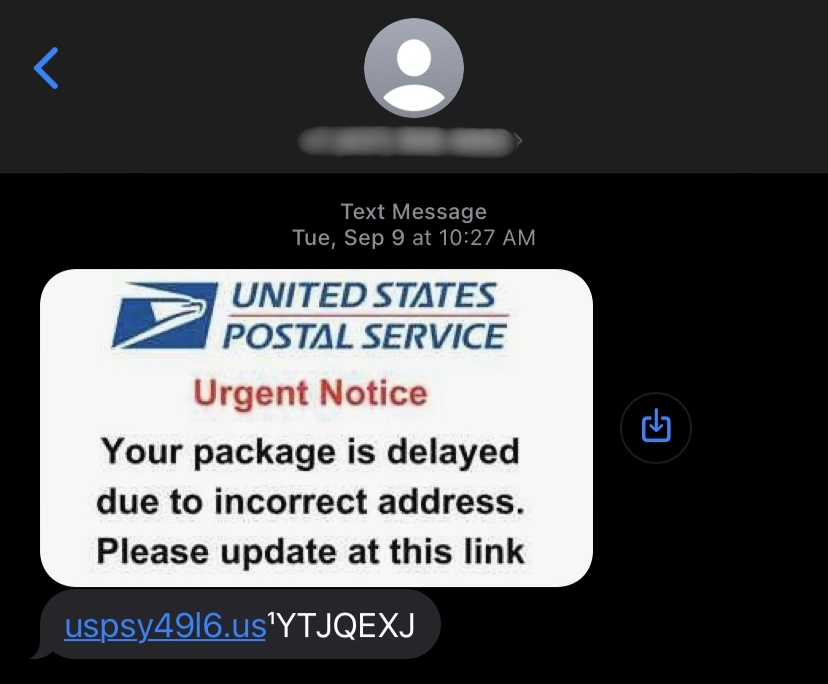 Illustration of a package delivery scam showing a fake USPS or FedEx text message requesting payment to release a held package
