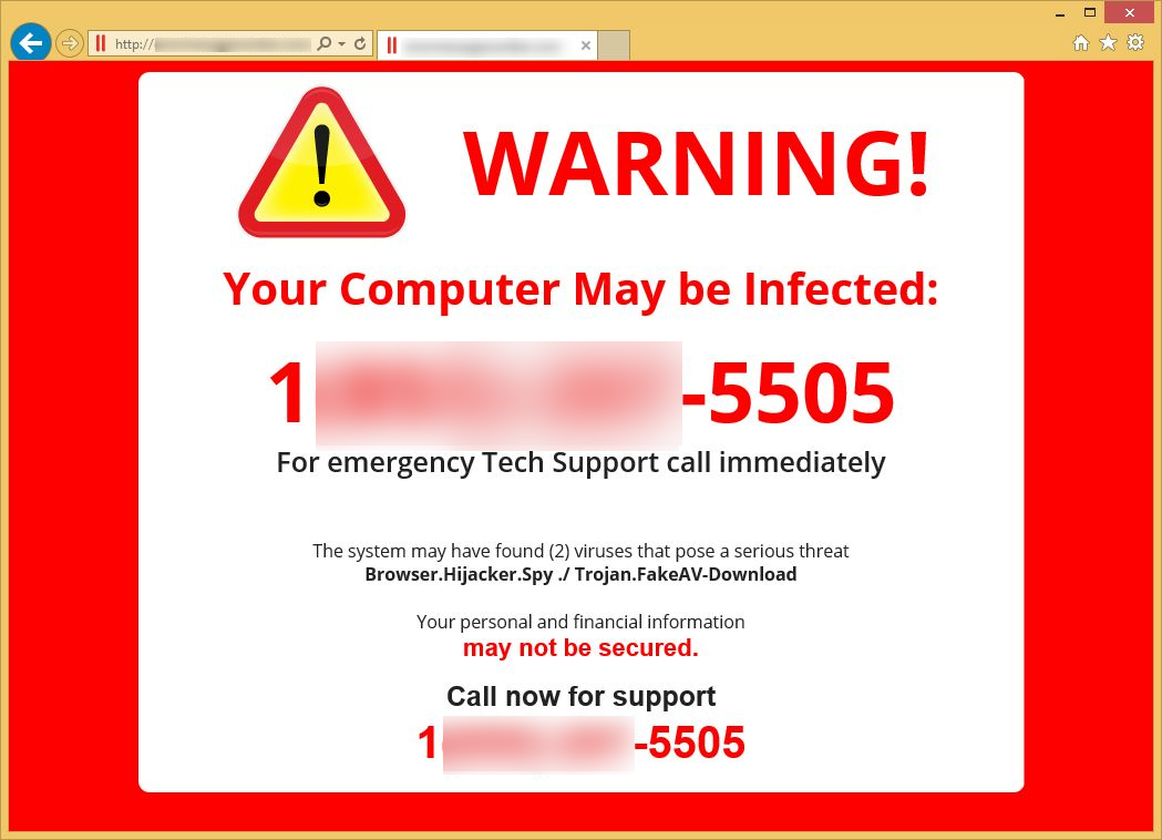Screenshot of a fake Microsoft Windows pop-up warning claiming the computer is infected and displaying a tech support phone number