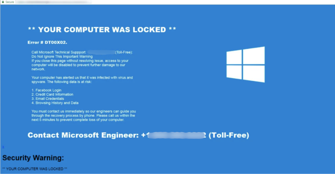 Illustration of a pop-up virus warning scam showing a fake Microsoft security alert blocking the browser and displaying a support phone number