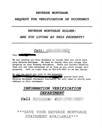 Screenshot of a fraudulent reverse mortgage solicitation promising free home repairs and easy access to home equity for seniors