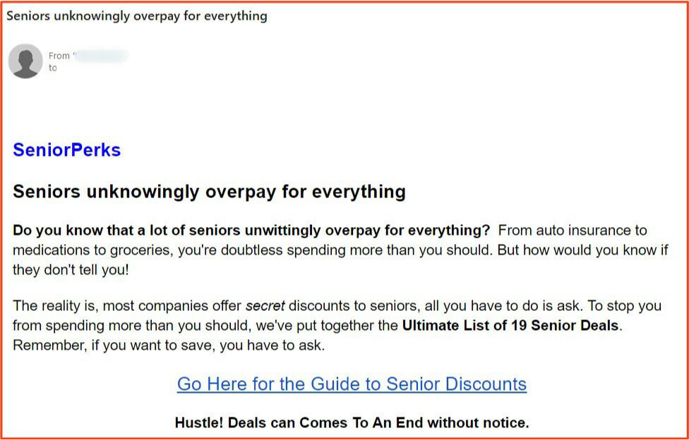 Screenshot of a senior care placement agency advertisement offering free guidance while concealing paid referral arrangements with facilities