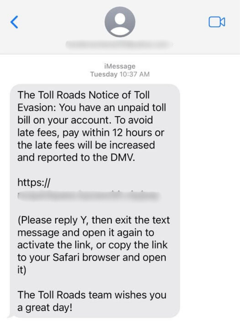 Screenshot of a smishing text message showing a fake delivery notification or fraud alert with a suspicious link