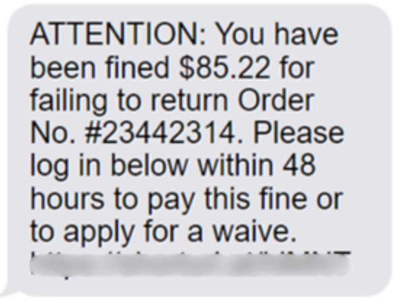 Example of a smishing text message scam impersonating a bank or delivery service