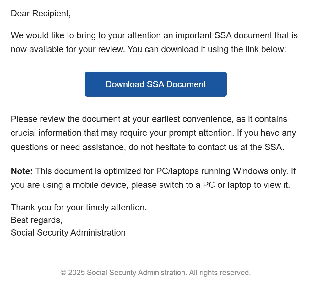 Screenshot of a Social Security scam message showing fake government branding and urgent language