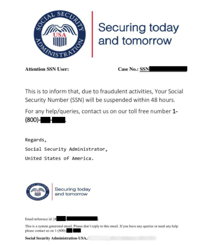 Example of a Social Security scam phone call or message