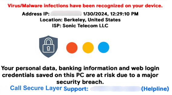 Screenshot of a real tech support scam pop-up displaying a fake virus warning and a phone number to call