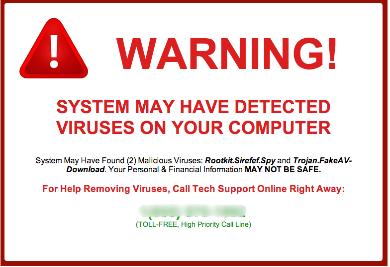 Example of a tech support scam pop-up warning on a computer screen