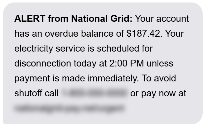 Screenshot of a utility shutoff scam call notification showing a fake electric company threat and gift card payment demand