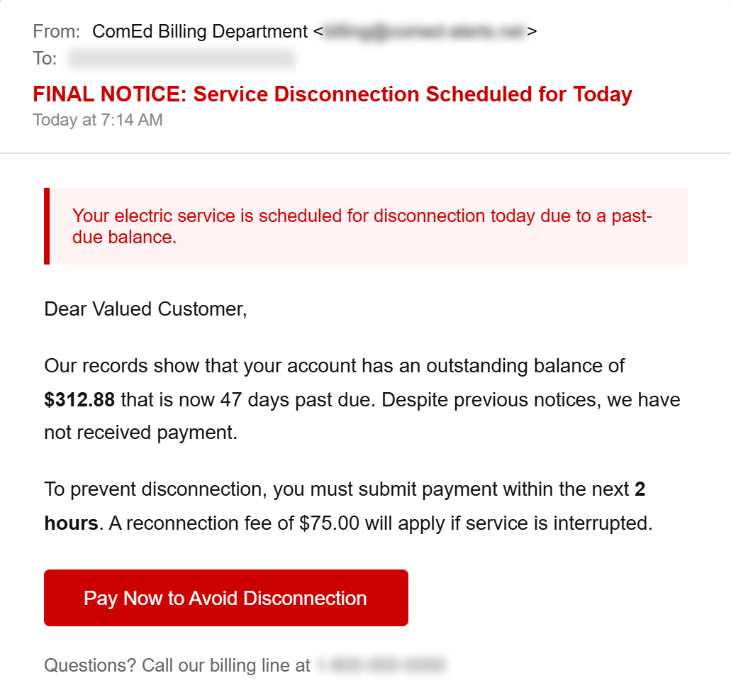 Illustration of a utility shutoff scam showing a caller impersonating an electric company and demanding immediate gift card payment