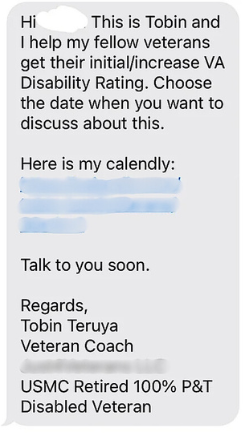 Screenshot of a fraudulent VA claims assistance advertisement charging veterans fees for services that are legally required to be free