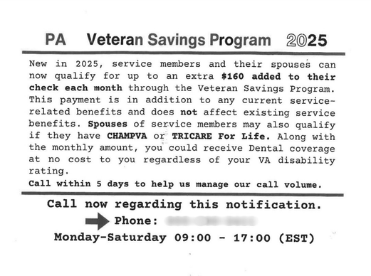 Illustration of a veteran benefits scam showing a fraudulent company charging a veteran for VA claims assistance that is legally required to be free